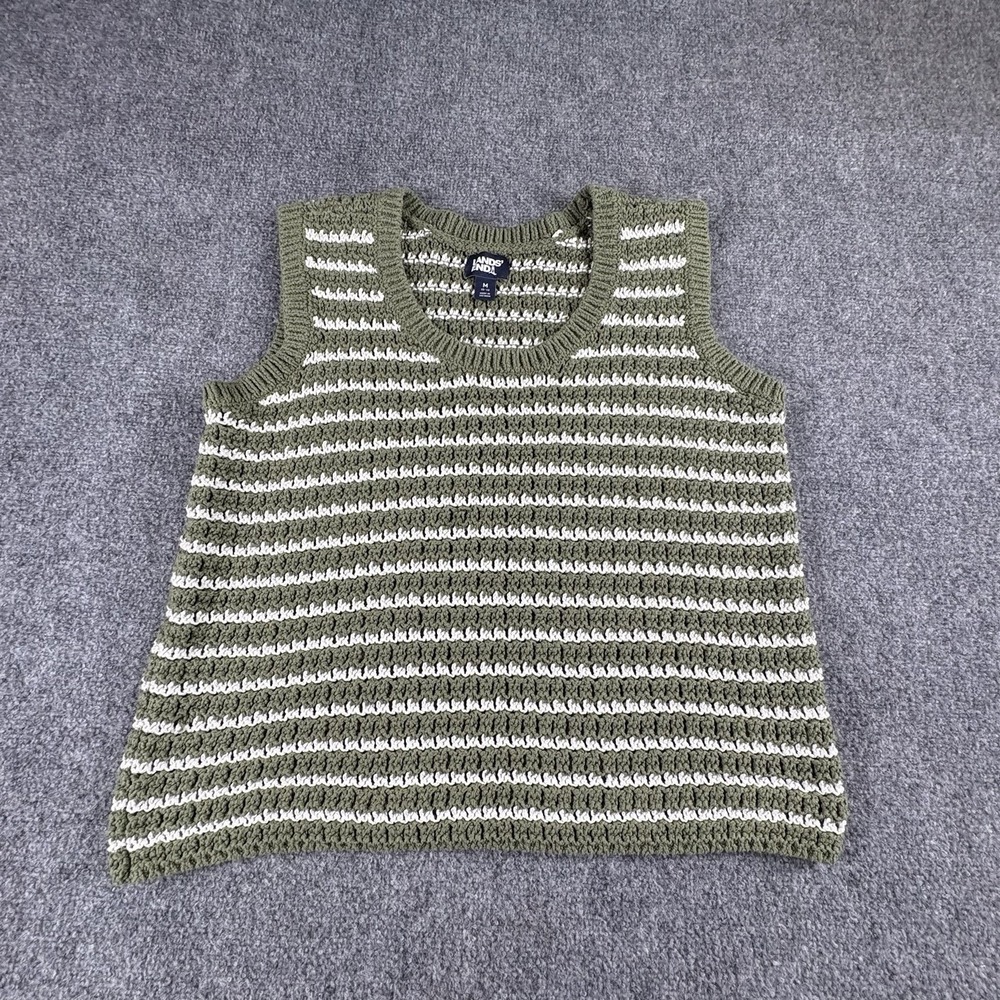 Lands' End Sweater Vest Women M Green White Striped Crochet Coastal Preppy Boho